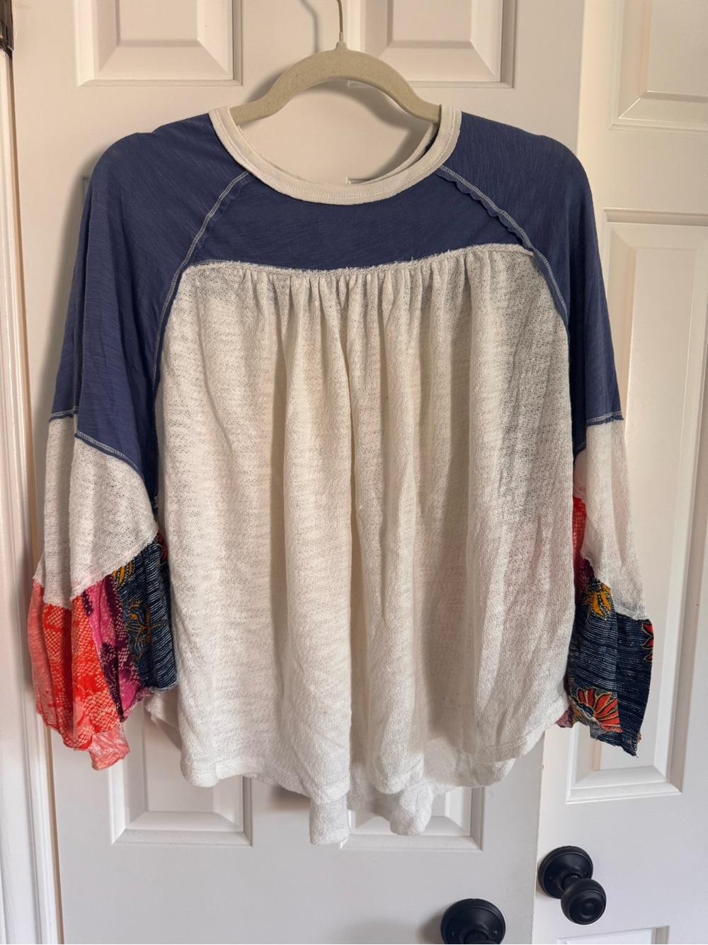 Boho Colorblock Long-Sleeve Peasant Top in Navy and Ivory